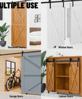 Sliding Barn Door Floor Guide Set, Wall Mount Stay Roller With 8 Setup Options, adjustable flush flat bottom door guides in use on household, window, garage, and cabinet doors.