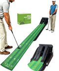 Indoor Putting Green Mat For Home Office Backyard Practice With Uphill Putts And Auto Ball Return shown with golfers practicing