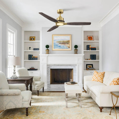 56" Soft Brass Chandelier Ceiling Fan,2 Downrods Fandelier with Remote in a modern living room setting with wood blades.