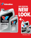 Valvoline Advanced Full Synthetic motor oil 5 qt jug with smaller bottles, silver containers with black labels, front view.