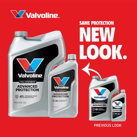 Valvoline Advanced Full Synthetic motor oil 5 qt jug with smaller bottles, silver containers with black labels, front view.