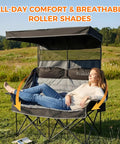 Double Camping Chair With Adjustable Canopy Shade Heavy Duty Two Person Folding Loveseat in outdoor setting with person