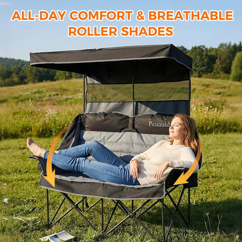 Double Camping Chair With Adjustable Canopy Shade Heavy Duty Two Person Folding Loveseat in outdoor setting with person