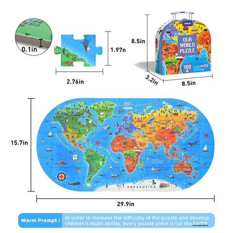 Hands-On World Map Puzzle For Kids Ages 4-8, 100 Piece Floor Puzzle with continents, landmarks, and handy storage box