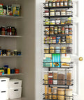 Solid Setup 9 Tier Over The Door Pantry Organizer Built Tough To Store Spices And Jars Straight Up Heavy Duty Metal Hanging Rack with jars and cans.