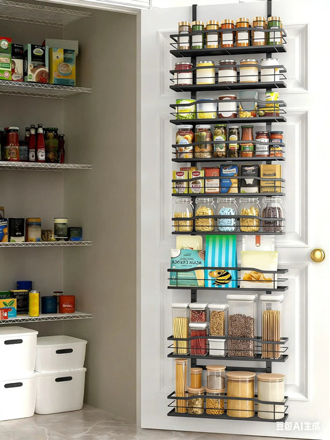 Solid Setup 9 Tier Over The Door Pantry Organizer Built Tough To Store Spices And Jars Straight Up Heavy Duty Metal Hanging Rack with jars and cans.