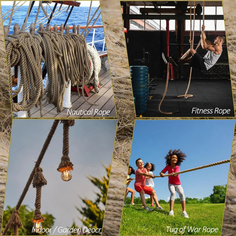 Collage showing various uses of Natural Jute Rope One And A Half Inch By Ninety Six Feet Four Strand Twisted Rope in different settings