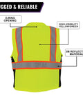 Back view of Top Shelf High Visibility Mesh Safety Vest With Six Roomy Utility Pockets For Tools And Tablets Bright Yellow Reflective Hi Vis PPE Gear.