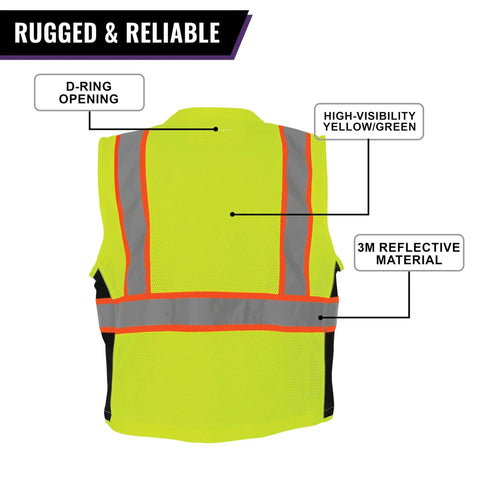 Back view of Top Shelf High Visibility Mesh Safety Vest With Six Roomy Utility Pockets For Tools And Tablets Bright Yellow Reflective Hi Vis PPE Gear.
