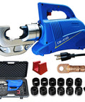 Heavy Hitter 15 Ton Electric Hydraulic Cable Lug Crimping Tool showcasing the tool, dies, and case for wire connector pressing.