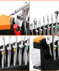 Deluxe 14 Piece Eyeglass Repair Kit With Stainless Steel Tools, 8 Pliers And 6 Screwdrivers in storage rack, close-up