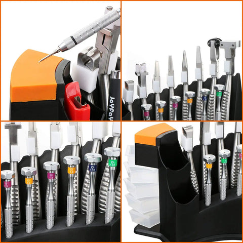 Deluxe 14 Piece Eyeglass Repair Kit With Stainless Steel Tools, 8 Pliers And 6 Screwdrivers in storage rack, close-up