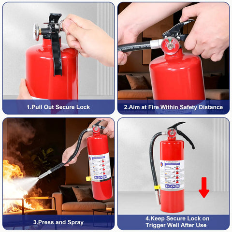 4 Pack 5LB ABC Dry Chemical Fire Extinguisher Haul For Home Kitchen Car And RV instructions for use in four steps.