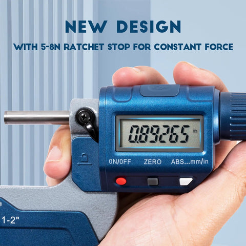 Person holding Pro Grade Digital Outside Micrometer 1 To 2 Inches 25 To 50 Mm With Carbide Tip Ultra Fine 0.00005 Inch Resolution