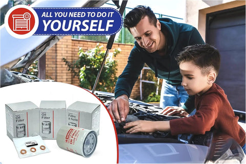 Father and son installing Three Pack Genuine OEM Engine Oil Filter 15208-9E01A With Drain Plug 11026-JA00A for Nissan Infiniti