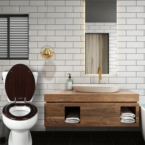Elongated Wood Toilet Seat With Zinc Alloy Hinges Easy To Install And Clean Anti Pinch Design Durable Dark Brown Finish