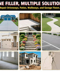 Collage showing driveways, patios, walkways, garage floors, and cracked walls repaired with 500g Concrete Crack Filler Waterproof Self Leveling Sealant.