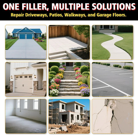 Collage showing driveways, patios, walkways, garage floors, and cracked walls repaired with 500g Concrete Crack Filler Waterproof Self Leveling Sealant.