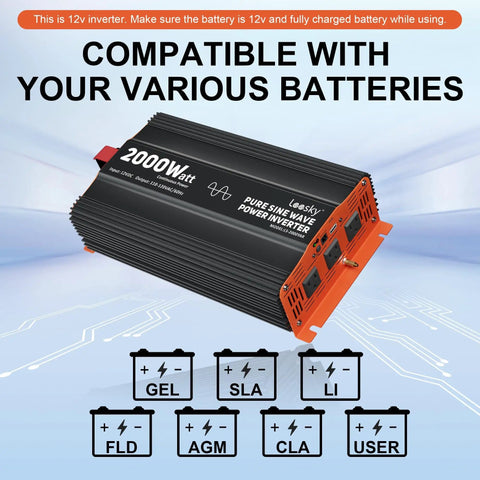 2000 Watt Pure Sine Wave Inverter 12V To 120V With Built In UL Listed Fuse, 3 AC Outlets And USB, Heavy Duty 5AWG Cable