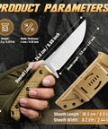 Beefy Fixed Blade Survival Knife With Khaki Full Tang Handle And Adjustable Sheath For Camping And Hiking displayed with specs