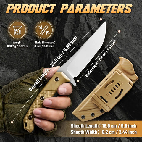 Beefy Fixed Blade Survival Knife With Khaki Full Tang Handle And Adjustable Sheath For Camping And Hiking displayed with specs
