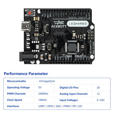 Leonardo R3 Microcontroller Development Board With USB Cable Kit For Easy Prototyping And DIY Projects, Plug And Play Arduino IDE Compatible, 20 Digital IO And 12 Analog Inputs, 16MHz Clock, ICSP Header, Reset Button, black PCB with USB-C port