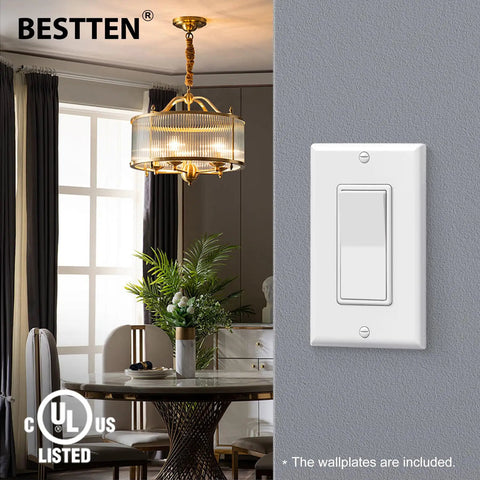 10 Pack 3 Way Decorator Wall Switch With Wall Plate, 15A 120V And 277V, Single Pole Or 3 Way, On Off Paddle Rocker Interrupter