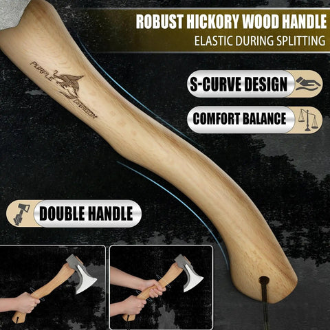 Close-up of Beast Camping Hatchet Hand Forged 14.7 Inch Splitting Axe with leather sheath, hickory handle and S-curve design.