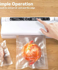 Powerful 75KPa Vacuum Sealer With LED Timer sealing bag of shrimp on wooden countertop, showing dry and moist modes use