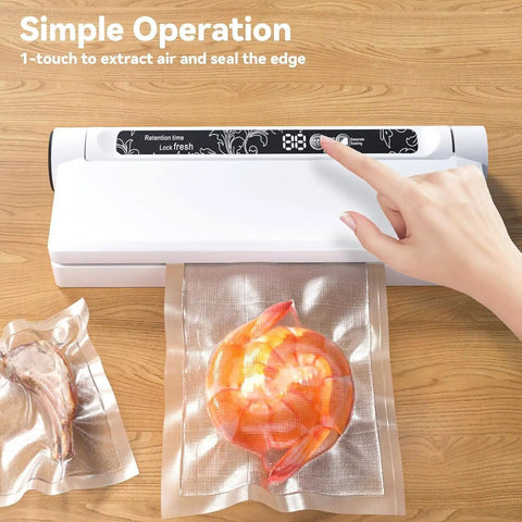 Powerful 75KPa Vacuum Sealer With LED Timer sealing bag of shrimp on wooden countertop, showing dry and moist modes use