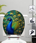 Round Vivid Peacock Colorful Plumage Display Detailed Artwork Toilet Seat on a bathroom toilet, featuring a vibrant peacock design.
