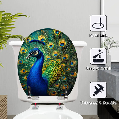 Round Vivid Peacock Colorful Plumage Display Detailed Artwork Toilet Seat on a bathroom toilet, featuring a vibrant peacock design.