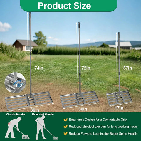 30-Inch By 10-Inch No-Fuss Pro-Grade Lawn Leveling Rake with adjustable handles displayed in outdoor setting