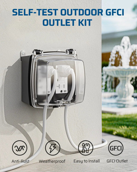 Heavy Duty Outdoor GFCI Outlet Kit With Self Test For Garden And Yard Use Weatherproof Metal Box 20 Amp NEMA 5 20R Outdoor Power Outlet Safe DIY Setup installed on wall