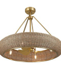 Stunning Handwoven White Seagrass Fandelier Ceiling Fan With No Sweat Remote And Four Warm Brass Shades For A Super Chill Coastal Living Room Refresh - close-up view of the woven seagrass shade and brass light fixture.