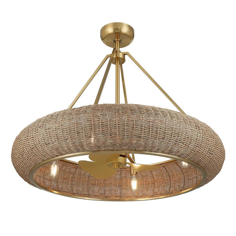 Stunning Handwoven White Seagrass Fandelier Ceiling Fan With No Sweat Remote And Four Warm Brass Shades For A Super Chill Coastal Living Room Refresh - close-up view of the woven seagrass shade and brass light fixture.