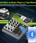 Four Channel Audio Mixer With USB And Bluetooth For Recording, Live Streaming, And Podcasting, Echo Delay Effects, 48V Phantom Power
