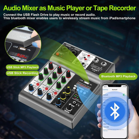 Four Channel Audio Mixer With USB And Bluetooth For Recording, Live Streaming, And Podcasting, Echo Delay Effects, 48V Phantom Power