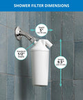 Shower Filter That Cuts Ninety Percent Of Chlorine For Softer Skin And Healthier Hair, Dimensions Display on Textured Wall