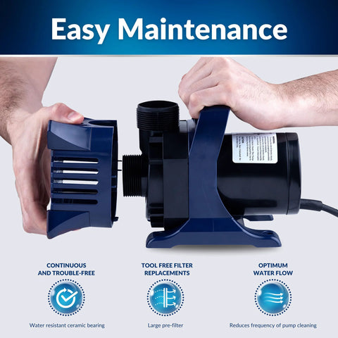 Submersible water pump, side view, blue and black with handle and power cord.