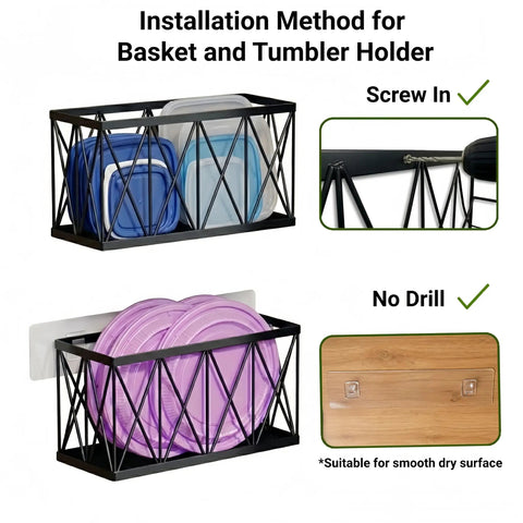 4 Pack No Drill Cabinet Door Lid Organizer For Plastic And Tumbler Lids Wall Mounted Kitchen Storage With Magnetic Straw Holder, showcasing installation methods.