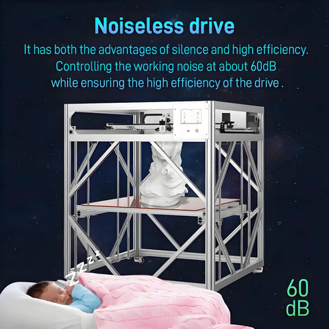 Industrial Grade Large Format 3D Printer For Production Use, showing silent operation near a sleeping child.
