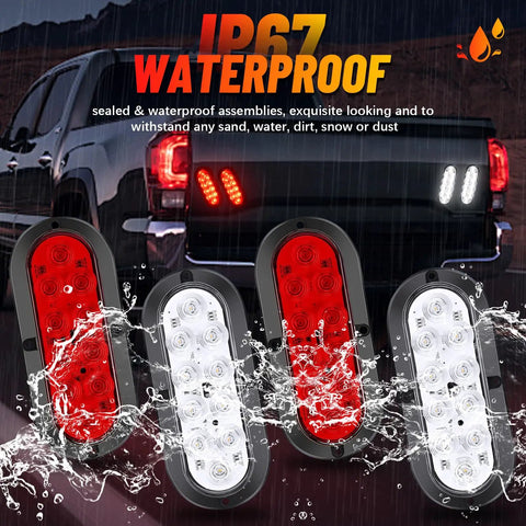 Beefy 6 Inch Oval LED Trailer Tail Light Kit 4 Lights Surface Mount 2R2W IP67DOT on truck in rain showcasing waterproof feature