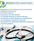 EcoIntegratives branding with stethoscope on documents, emphasizing pharmacy-grade vitamins and eco-friendly healthcare solutions