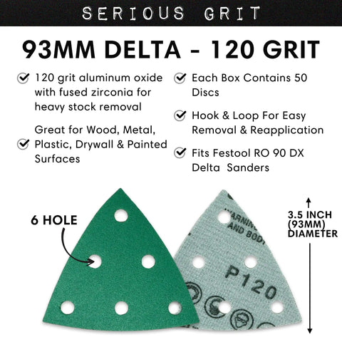 Pro Grade Heavy Duty 3.5 Inch Triangle Sanding Sheets 120 Grit 6 Hole Fits Festool Rotex RO 90 Delta Detail Sander