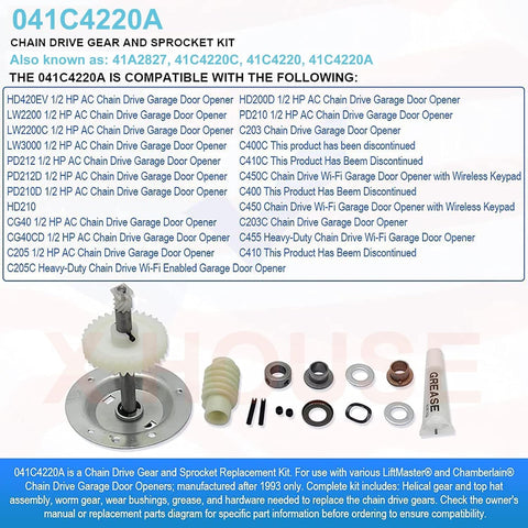 DIY Ready Complete Chain Drive Gear And Sprocket Replacement Kit For Garage Door Openers Includes Helical Gear Top Hat Assembly Worm Gear Wear Bushings Grease And All Necessary Hardware spread out on a white background.