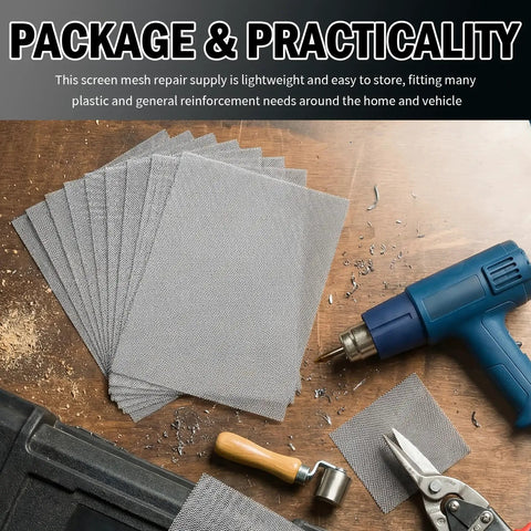10 Pack Plastic Welding Mesh For Bumper Repair And Reinforcement, 5.91 By 7.87 Inch Stainless Steel Wire Mesh Sheets displayed with tools.