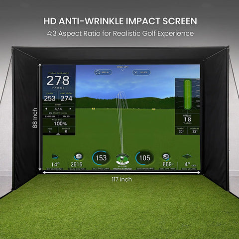 Golf Simulator Enclosure For Home 10x8 Ft Cage With HD Impact Screen showing golf course simulation on screen