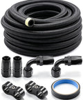 Must-Have 8AN CPE Fuel Line Kit With 20FT Nylon Braided Hose And 0 Degree Plus 90 Degree Swivel Fittings For High Performance Street Cars And Race Rigs, black hose and fittings