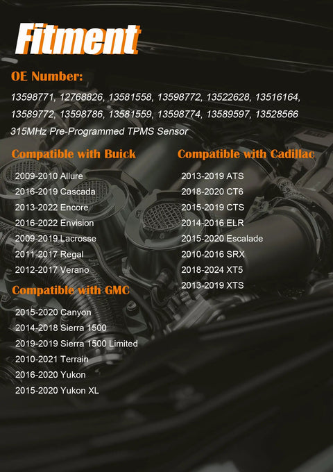 Fitment chart for Preprogrammed TPMS Sensor Tire Pressure Monitoring System Replaces 13598771 for GM vehicles.